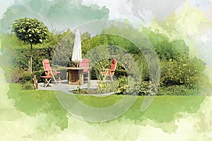 Dining table with chairs and parasol in a lush garden