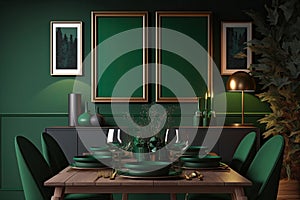 dining table and decorations in a room that is dark green. mockup for an illustration