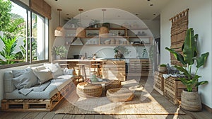 Dining table and diy crate shelves in an interior