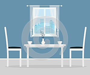 Dining table in kitchen with chairs, cups. Window with curtain. Flat cartoon style vector illustration