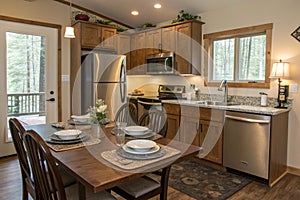 Dining table in kitchen with fridge and counter