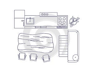 Dining table, kitchen set and sofa in room, top view. Overhead furniture for cooking, eating. Interior design layout