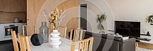 Dining table in open plan apartment, panorama