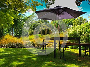 Dining table with parasol