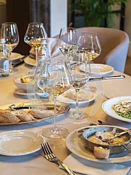 Dining table with the remains of the meal.