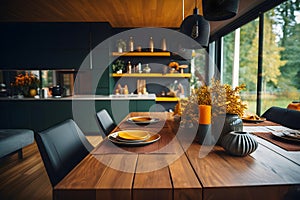 Dining table in Scandinavian style room with autumnal teal and orange decor