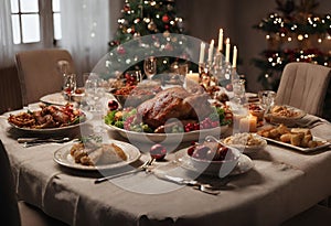 A dining table with typical Christmas foods and a beautiful roast turkey in the center