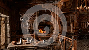 Dining table by a window in an old medieval tavern with fire burning in the background. 3D rendering