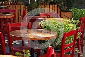 Dining tables and chairs in an outdoor cafe