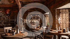 Dining tables in an old medieval fantasy tavern lit by daylight from windows. 3D rendering
