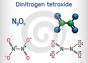 Dinitrogen tetroxide , N2O4 molecule. Structural chemical formula and molecule model