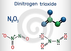 Dinitrogen trioxide , N2O3 molecule. Structural chemical formula and molecule model