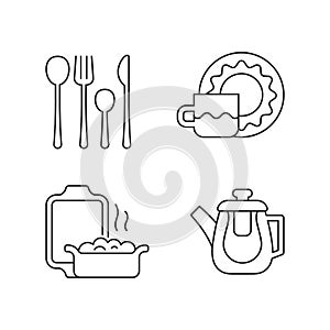 Dinner accessories linear icons set