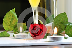 Dinner candlelight delight red rose romantic wine glass juice green leaf table top photography