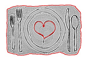 Dinner Date Contemporary Art concept with plate containing a red heart surrounded by silverware