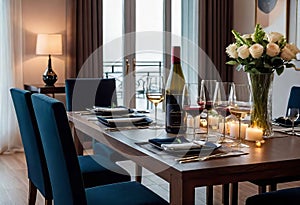 Dinner and elegant date in the home dining room for an event, significant event or occasion, aristocratic style,