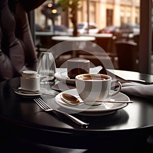 Dinner at a fancy restaurant. Elegant table setting. Cup of coffee. Luxury travel concept.