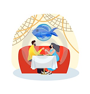 Dinner with fish food vector illustration. Couple man woman character eating in restaurant, flat young people at asian