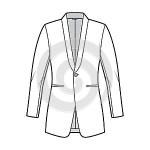 Dinner fitted jacket suit tuxedo technical fashion illustration with single breasted, long sleeves, jetted pockets. Flat