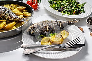 Dinner with grilled sea bream fish, arugula salad with tomatoes, baked potatoes. White background. top view