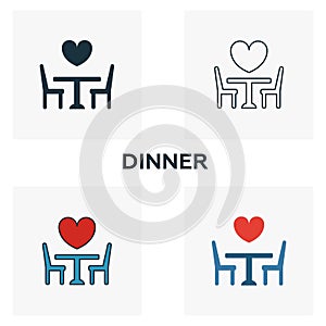 Dinner icon set. Four elements in diferent styles from honeymoon icons collection. Creative dinner icons filled, outline, colored