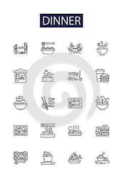 Dinner line vector icons and signs. Cuisine, Meal, Feast, Banquet, Lunch, Cookout, Repast, Feeding outline vector