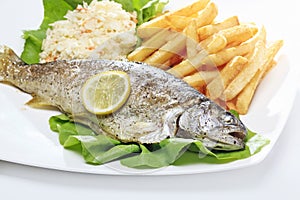 Dinner meal with trout fish, chips and vegetable salad