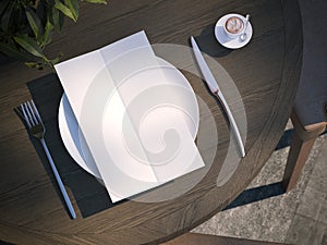 Dinner menu on plate at the wooden table. 3d rendering