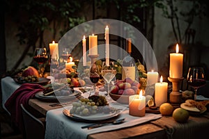 dinner party with al fresco dining, candles and wine glasses on the table