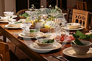 Dinner party for family and friends on a large wooden table with various vintage chairs, festive setting with crockery, wine