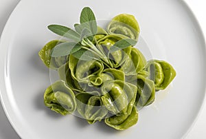 Dinner plate with green ravioli and sage