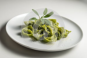 Dinner plate of green ravioli with sage and parmesan