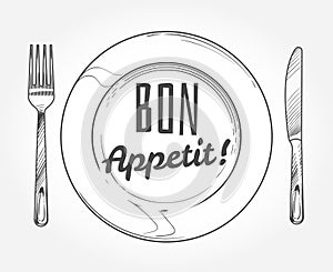 Dinner plate with knife and fork. Doodle sketch tableware and dish. Restaurant vector poster photo