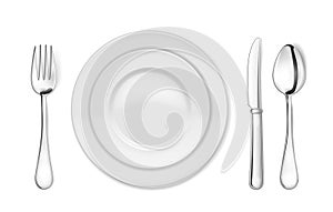 Dinner plate, knife, fork and spoon