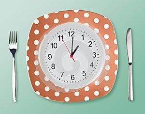 Dinner plate retro style with clock face fork an