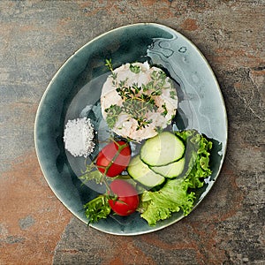 Dinner, plate and seafood with salad at fine dining restaurant with rice, fish and tomato on lettuce. Healthy, cooking