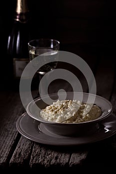 Dinner, rice with wine. Photo of food on a dark background