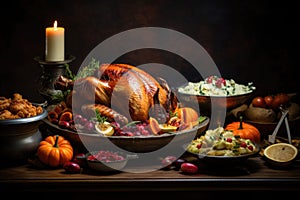 Dinner with roasted turkey for Thanksgiving celebration. Generative AI