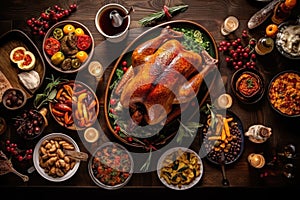 Dinner with roasted turkey for Thanksgiving celebration. Generative AI