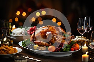 Dinner with roasted turkey for Thanksgiving celebration. Generative AI