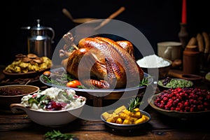 Dinner with roasted turkey for Thanksgiving celebration. Generative AI