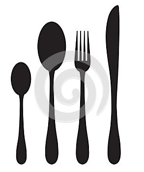 Dinner set silhouette icons. Spoon, fork, knife silhouette on a white background. Vector illustration