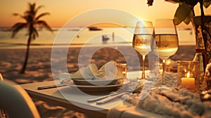 Romantic dinner setting on the beach at sunset