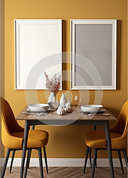 Dinner table with blank photoframes on wall with copy space, created using generative ai technology