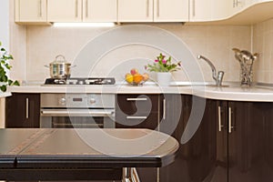 Dinner table on blurred kitchen interior background