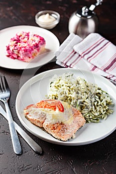 Dinner table with different dishes, set menu for nutritious healthy lunch in restaurant, business lunch