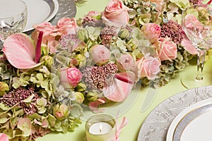 Dinner table flower arrangement