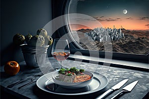 Dinner: a table for one by the window overlooking the space colony.