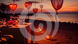 A dinner table set up on the beach, beautifully illuminated by the setting sun, Romantic seaside dinner with heart-shaped lanterns