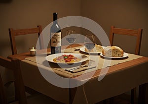 Dinner table setting with pasta wine and bread